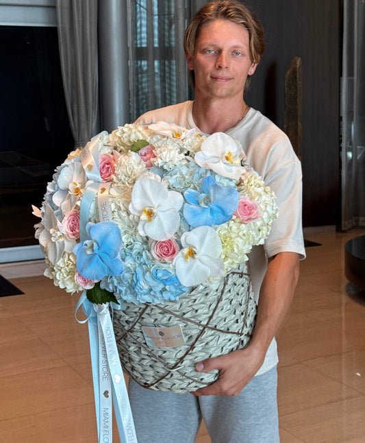 Blue Hydrangea Flower Basket / Blue And White Orchids