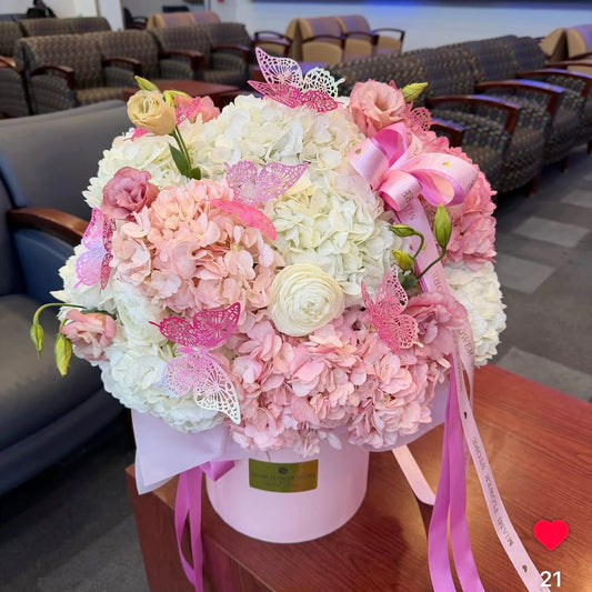 Pink Hydrangea With Pink And White Roses Flower Bouquet In A Box - Miami Flower Store Same-Day Delivery Fort Lauderdale Brickell Aventura Las Olas Hallendale Beach Hollywood Sunny Isles