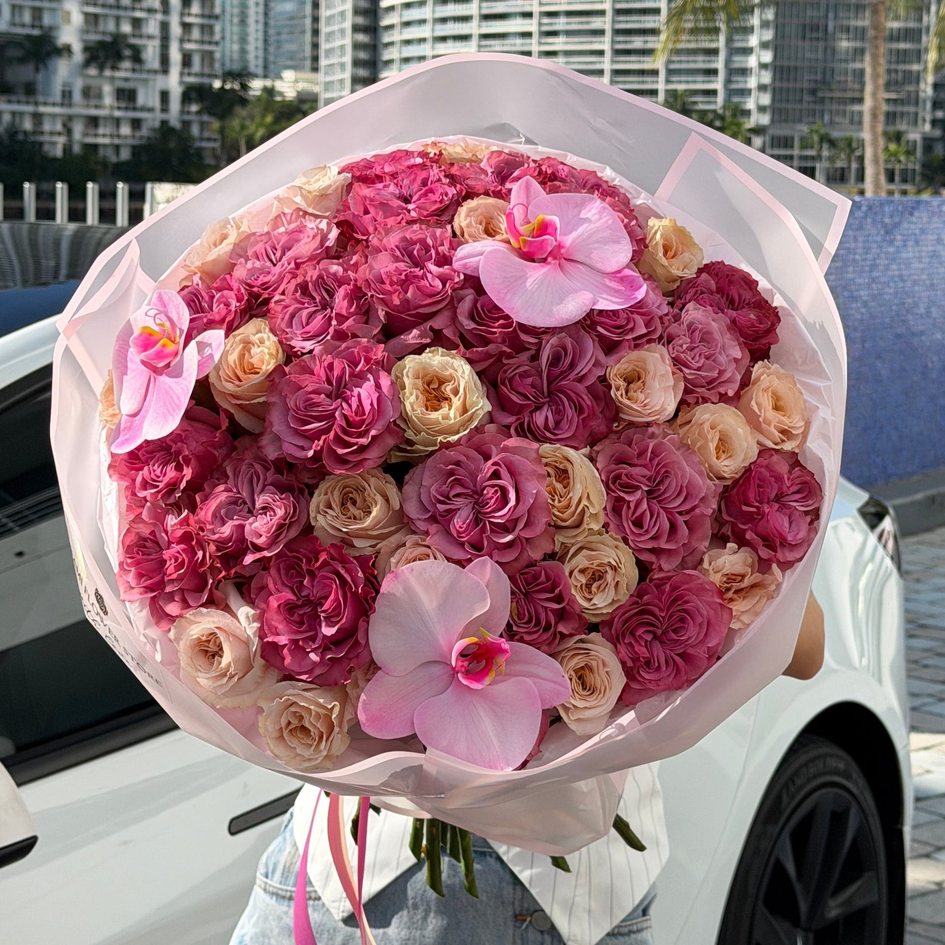 Pink & Blush Pink Rose Flower Bouquet With Orchids - Miami Flower Store Same-Day Delivery Fort Lauderdale Brickell Aventura Las Olas Hallendale Beach Hollywood Sunny Isles