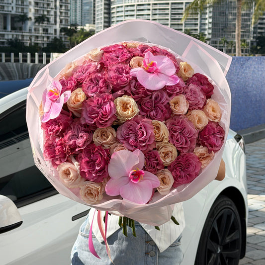 Pink & Blush Pink Rose Flower Bouquet With Orchids - Miami Flower Store Same-Day Delivery Fort Lauderdale Brickell Aventura Las Olas Hallendale Beach Hollywood Sunny Isles