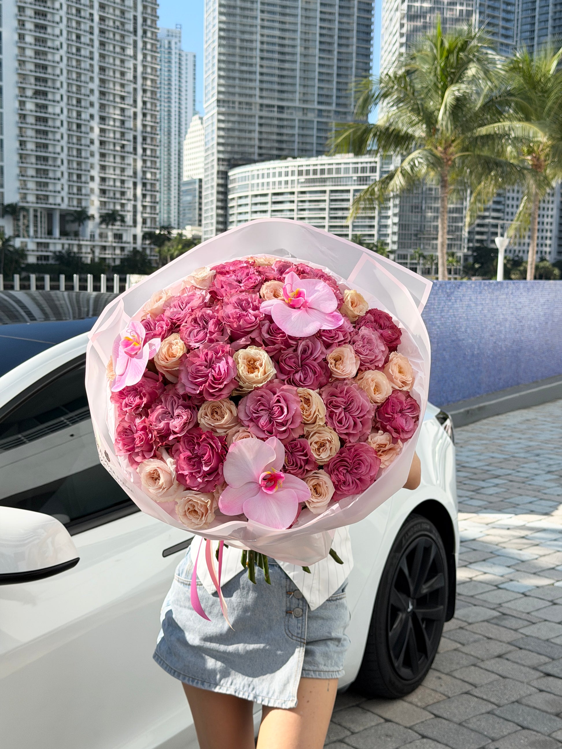 Pink & Blush Pink Rose Flower Bouquet With Orchids - Miami Flower Store Same-Day Delivery Fort Lauderdale Brickell Aventura Las Olas Hallendale Beach Hollywood Sunny Isles