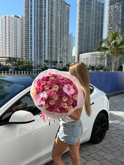Pink & Blush Pink Rose Flower Bouquet With Orchids - Miami Flower Store Same-Day Delivery Fort Lauderdale Brickell Aventura Las Olas Hallendale Beach Hollywood Sunny Isles