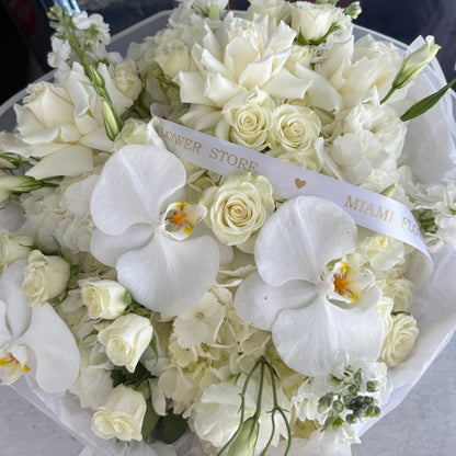 White Rose Flower Bouquet With Orchids & Spray Roses - Miami Flower Store Same-Day Delivery Fort Lauderdale Brickell Aventura Las Olas Hallendale Beach Hollywood Sunny Isles