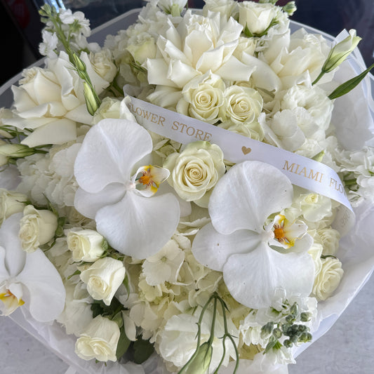 White Rose Flower Bouquet With Orchids & Spray Roses - Miami Flower Store Same-Day Delivery Fort Lauderdale Brickell Aventura Las Olas Hallendale Beach Hollywood Sunny Isles