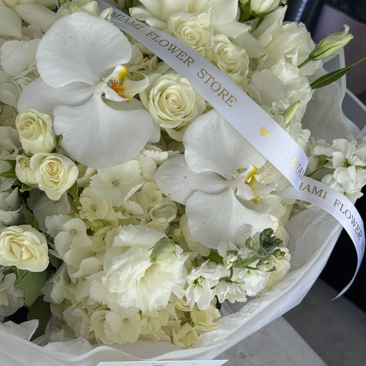 White Rose Flower Bouquet With Orchids & Spray Roses - Miami Flower Store Same-Day Delivery Fort Lauderdale Brickell Aventura Las Olas Hallendale Beach Hollywood Sunny Isles