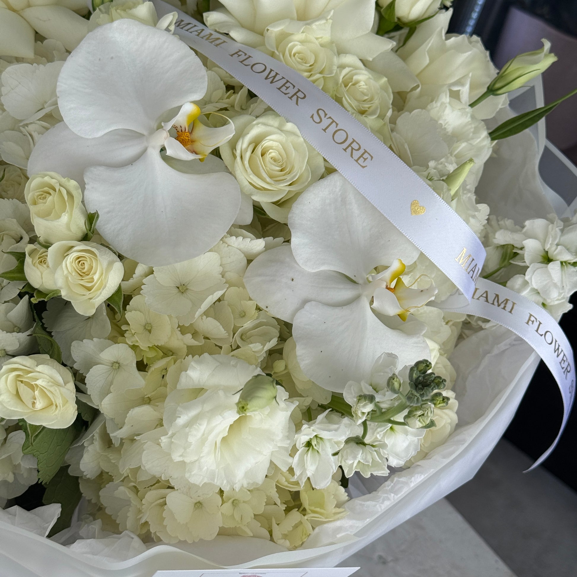White Rose Flower Bouquet With Orchids & Spray Roses - Miami Flower Store Same-Day Delivery Fort Lauderdale Brickell Aventura Las Olas Hallendale Beach Hollywood Sunny Isles