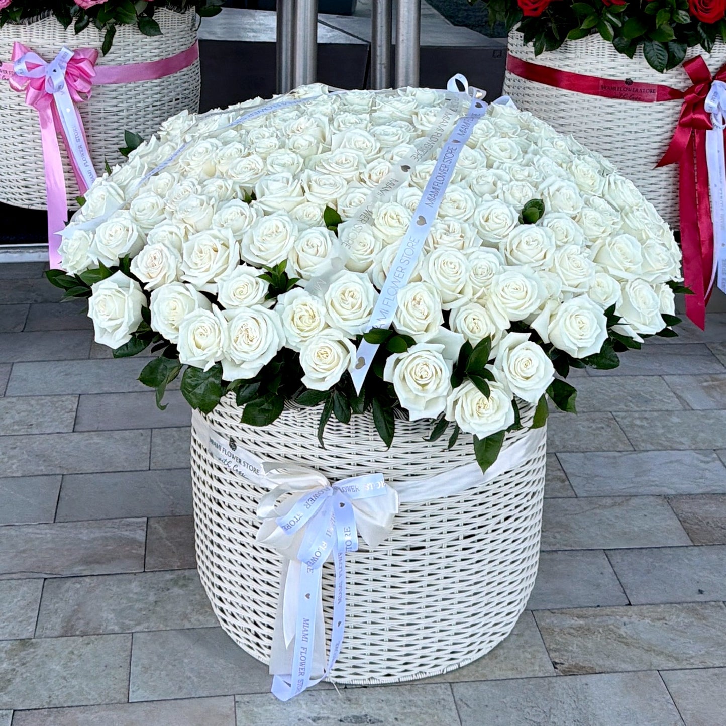 200 White Roses Flower Basket - Miami Flower Store Same-Day Delivery Fort Lauderdale Brickell Aventura Las Olas Hallendale Beach Hollywood Sunny Isles