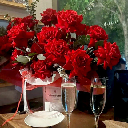 Red Roses & Eucalyptus Flower Bouquet In A White Box - Miami Flower Store Same-Day Delivery Fort Lauderdale Brickell Aventura Las Olas Hallendale Beach Hollywood Sunny Isles