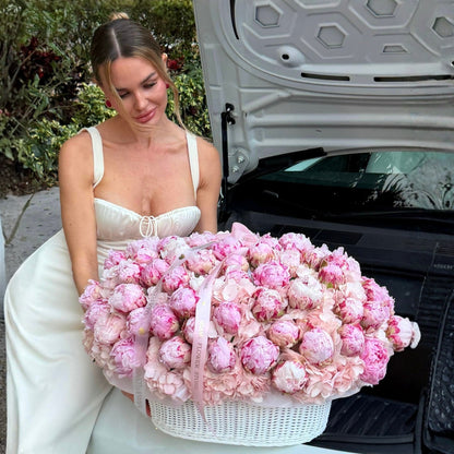 100 Pink Luxury Peonies With Pink Hydrangea In A Basket - Miami Flower Store Same-Day Delivery Fort Lauderdale Brickell Aventura Las Olas Hallendale Beach Hollywood Sunny Isles
