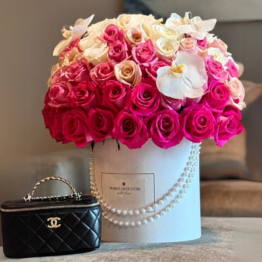 75 Hot Pink Rose Flower Bouquet In A Box Whit Orchids / Ombre - Miami Flower Store Same-Day Delivery Fort Lauderdale Brickell Aventura Las Olas Hallendale Beach Hollywood Sunny Isles