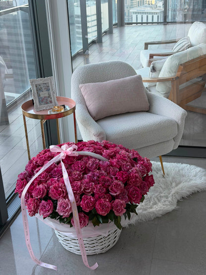 100 Pink Roses Flower Bouquet In Basket| MiamiFlowerStore