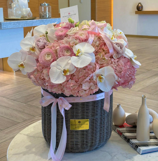 Hydrangea Flower Basket / Ranunculus And White Orchids - Miami Flower Store Same-Day Delivery Fort Lauderdale Brickell Aventura Las Olas Hallendale Beach Hollywood Sunny Isles