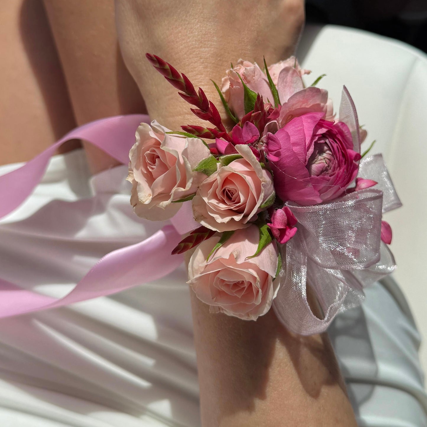 Pink Wrist Corsage And Boutonniere / Two Pieces - Miami Flower Store Same-Day Delivery Fort Lauderdale Brickell Aventura Las Olas Hallendale Beach Hollywood Sunny Isles