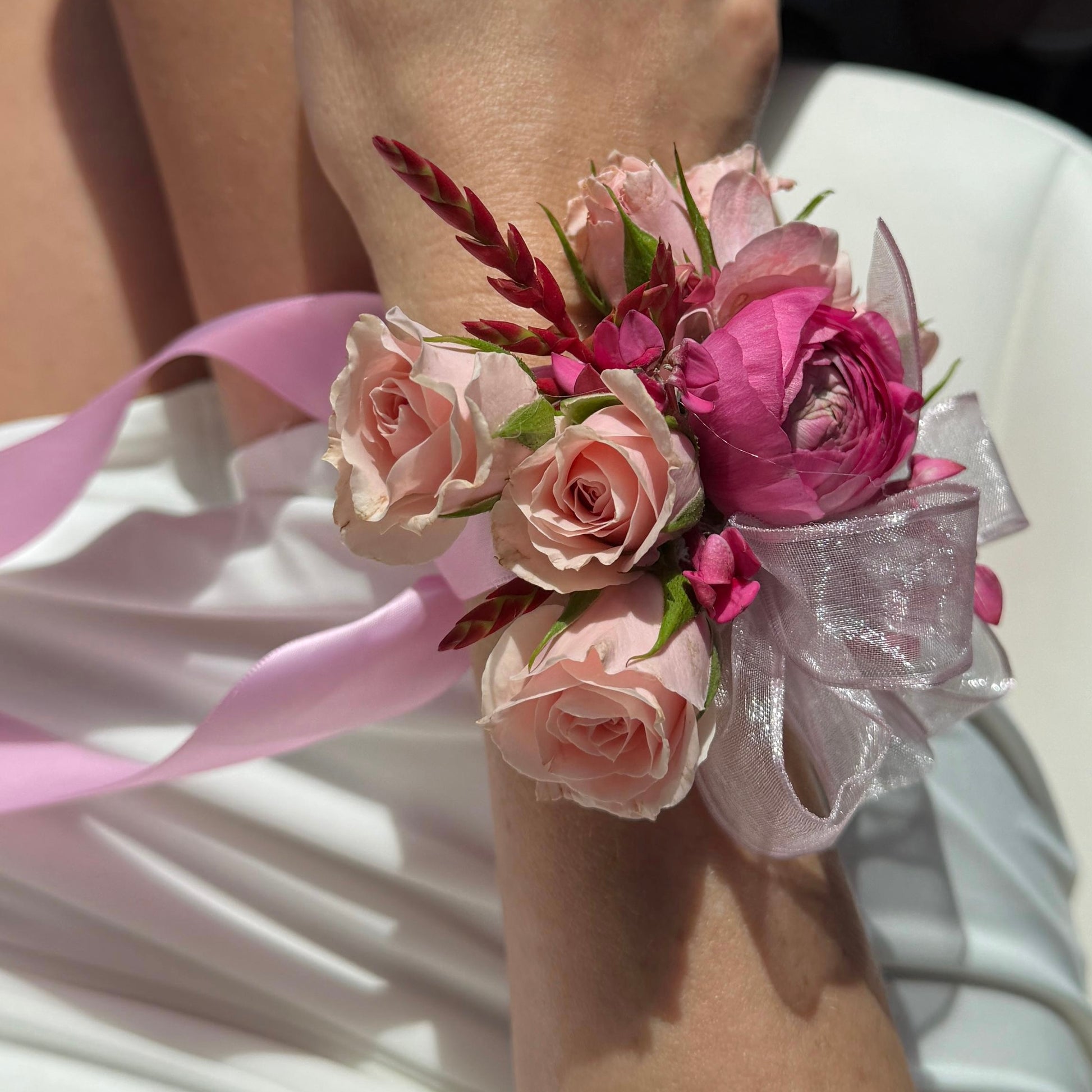 Pink Wrist Corsage And Boutonniere / Two Pieces - Miami Flower Store Same-Day Delivery Fort Lauderdale Brickell Aventura Las Olas Hallendale Beach Hollywood Sunny Isles