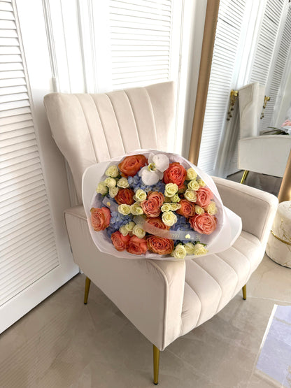 Blue Hydrangea & Orange Roses Flower Bouquet - Miami Flower Store Same-Day Delivery Fort Lauderdale Brickell Aventura Las Olas Hallendale Beach Hollywood Sunny Isles