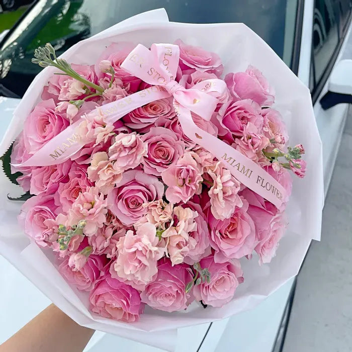 Rose Flower Bouquet With Pink Roses & Stock - Miami Flower Store Delivery Fort Lauderdale