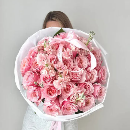 Rose Flower Bouquet With Pink Roses & Stock - Miami Flower Store Delivery Fort Lauderdale