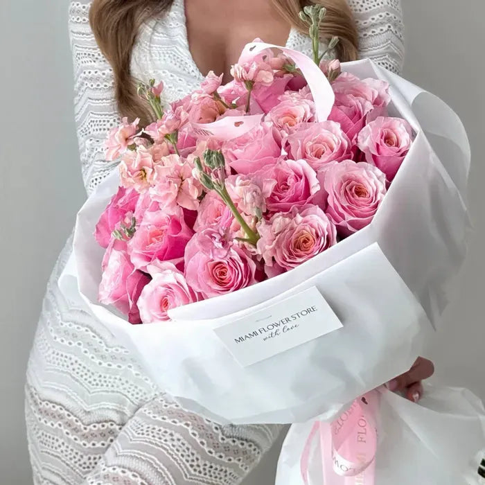 Rose Flower Bouquet With Pink Roses & Stock - Miami Flower Store Delivery Fort Lauderdale