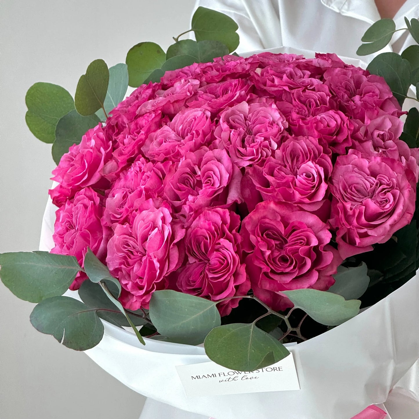 Rose Flower Bouquet With Bright Pink Roses & Eucalyptus - Miami Flower Store Delivery Fort Lauderdale