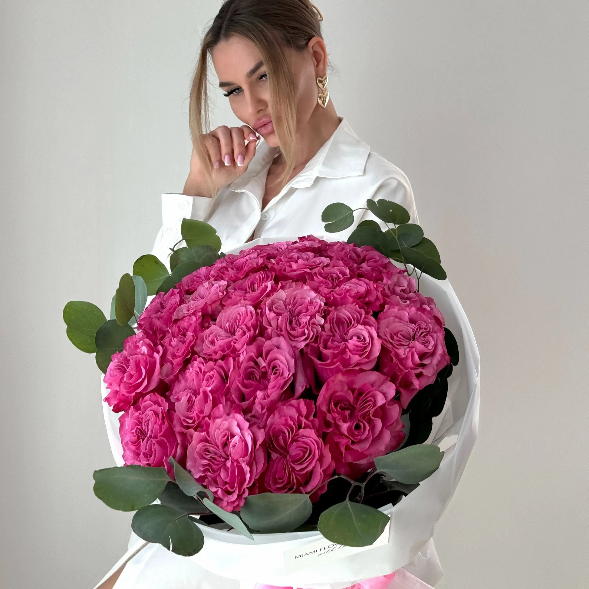 Rose Flower Bouquet With Bright Pink Roses & Eucalyptus - Miami Flower Store Delivery Fort Lauderdale