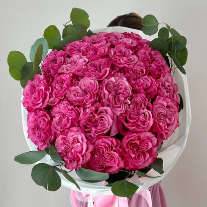 Rose Flower Bouquet With Bright Pink Roses & Eucalyptus - Miami Flower Store Delivery Fort Lauderdale