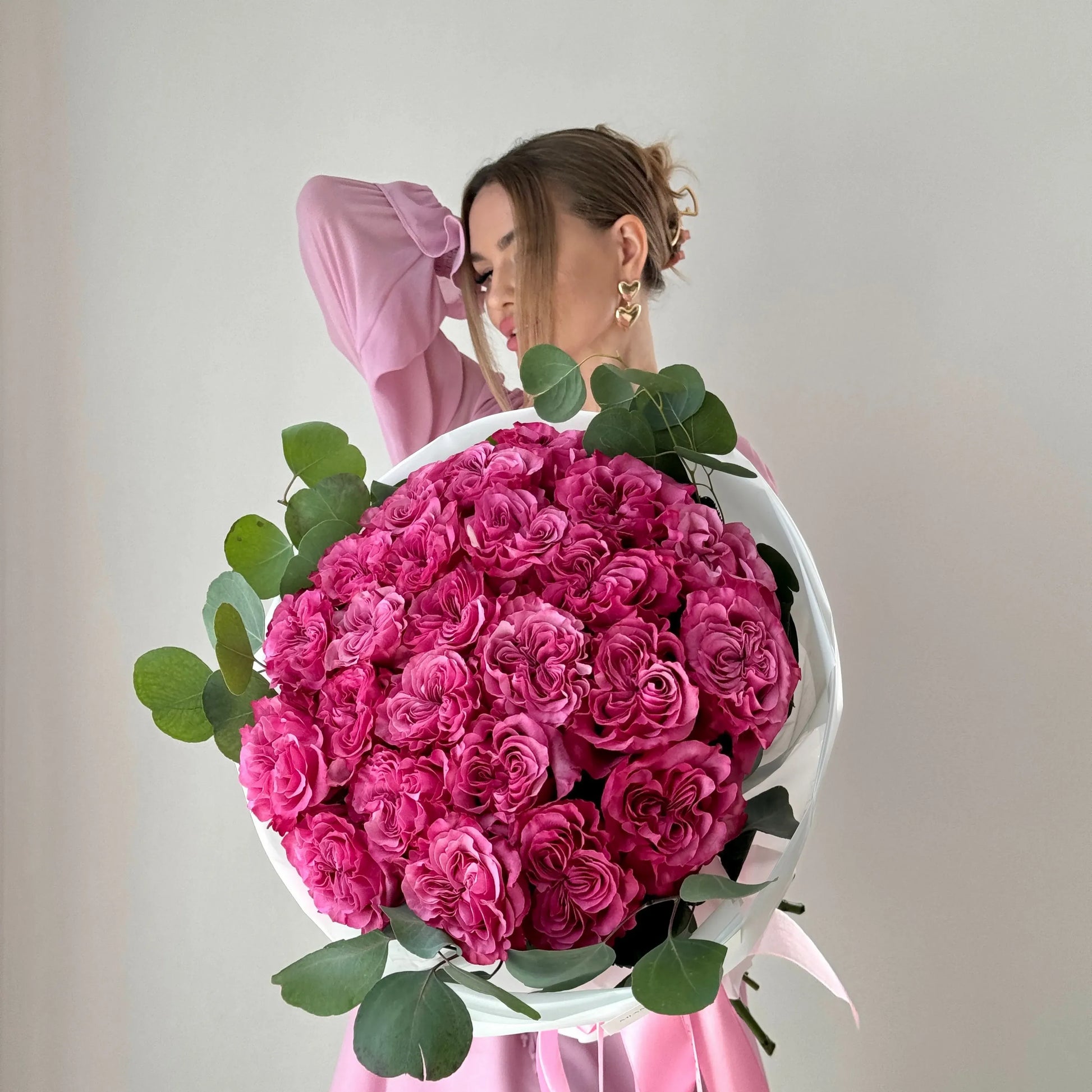 Rose Flower Bouquet With Bright Pink Roses & Eucalyptus - Miami Flower Store Delivery Fort Lauderdale