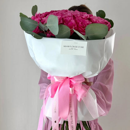 Rose Flower Bouquet With Bright Pink Roses & Eucalyptus - Miami Flower Store Delivery Fort Lauderdale