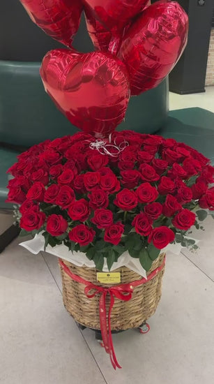The Best 100 Red Roses Basket In Miami & Red Balloons - Miami Flower Store Same-Day Delivery Fort Lauderdale Brickell Aventura Las Olas Hallendale Beach Hollywood Sunny Isles