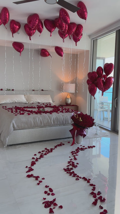 Romantic Room Decoration, 100 Red Rose Bouquet, Petals, Balloons, Candles & Chocolate