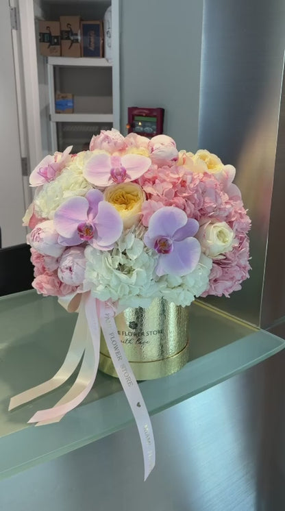 Purple Orchids With Hydrangea, Roses, Peonies Flower Bouquet In A Box| Birthday Flowers - Miami Flower Store Same-Day Delivery Fort Lauderdale Brickell Aventura Las Olas Hallendale Beach Hollywood Sunny Isles