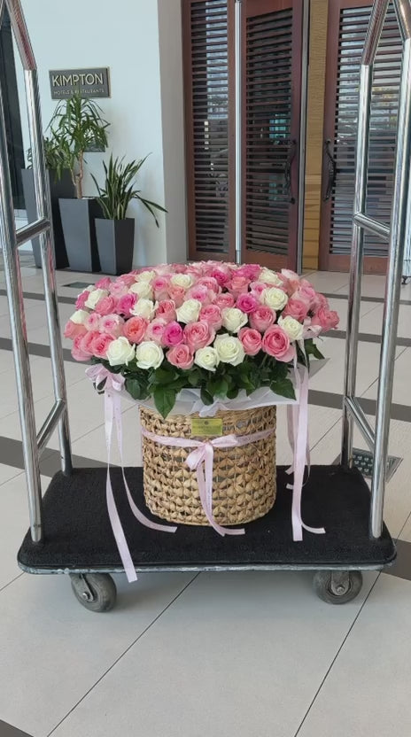 100 Pink & White Roses Bouquet In A Basket - Miami Flower Store Same-Day Delivery Fort Lauderdale Brickell Aventura Las Olas Hallendale Beach Hollywood Sunny Isles
