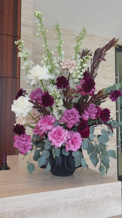 Purple Rose Flower Bouquet In A Vase With Delphinium, Scabiosa & Eucalyptus