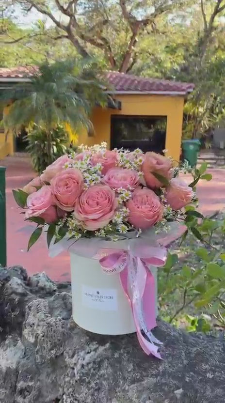 Roses & Chamomile Flower Bouquet In A Box - Miami Flower Store Same-Day Delivery Fort Lauderdale Brickell Aventura Las Olas Hallendale Beach Hollywood Sunny Isles