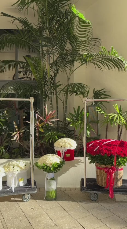 White And Red Romantic Room/3 White Rose Boxes, 50 White Rose Bouquet, 200 Red Rose Basket, Petals - Miami Flower Store Same-Day Delivery Fort Lauderdale Brickell Aventura Las Olas Hallendale Beach Hollywood Sunny Isles